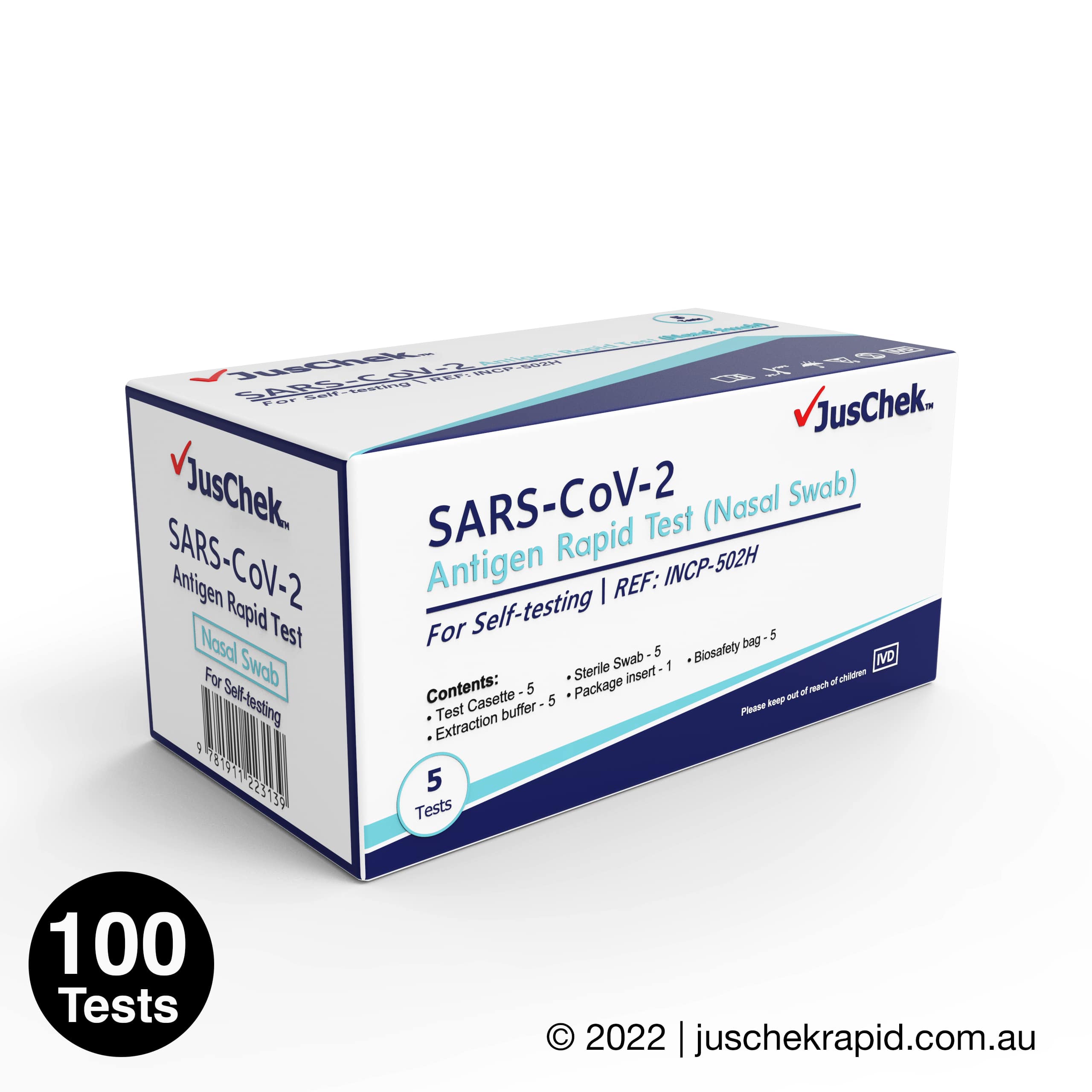 JusChek COVID-19 Rapid Antigen Test RATs (Nasal Swab) - 100 Pack