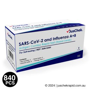 JusChek COVID-19 and Influenza A + B Combo Rapid Antigen Test RATs (Nasal Swab) - 840 Pack